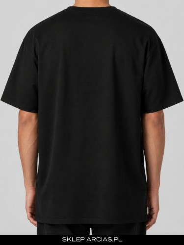 Czarny T-shirt ARCIAS 205 gsm z autorskim nadrukiem kota trzymającego pizzę i kolorowy drink.