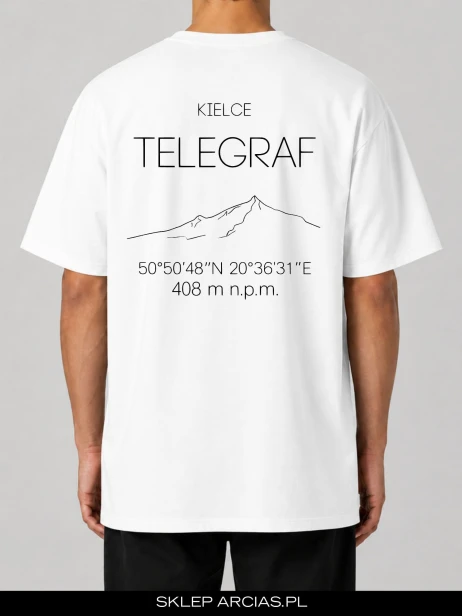 Biała koszulka KIELCE TELEGRAF z konturem góry, koordynatami i napisem Kielce na plecach.